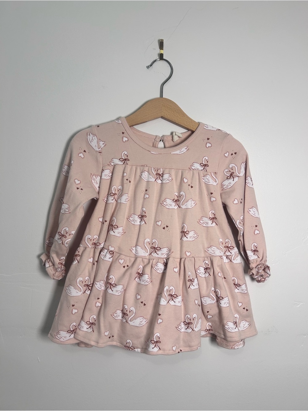 Quincy Mae Pink Swan Print Long-Sleeve Twirl dress with bloomers NWOT